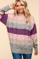 Haptics Mauve Multicolor Stripe Cable Knit Mock Neck Sweater Haptics