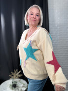 POL Pale Beige V-Neck Long Sleeve Star Fringe Sweater Trendsi