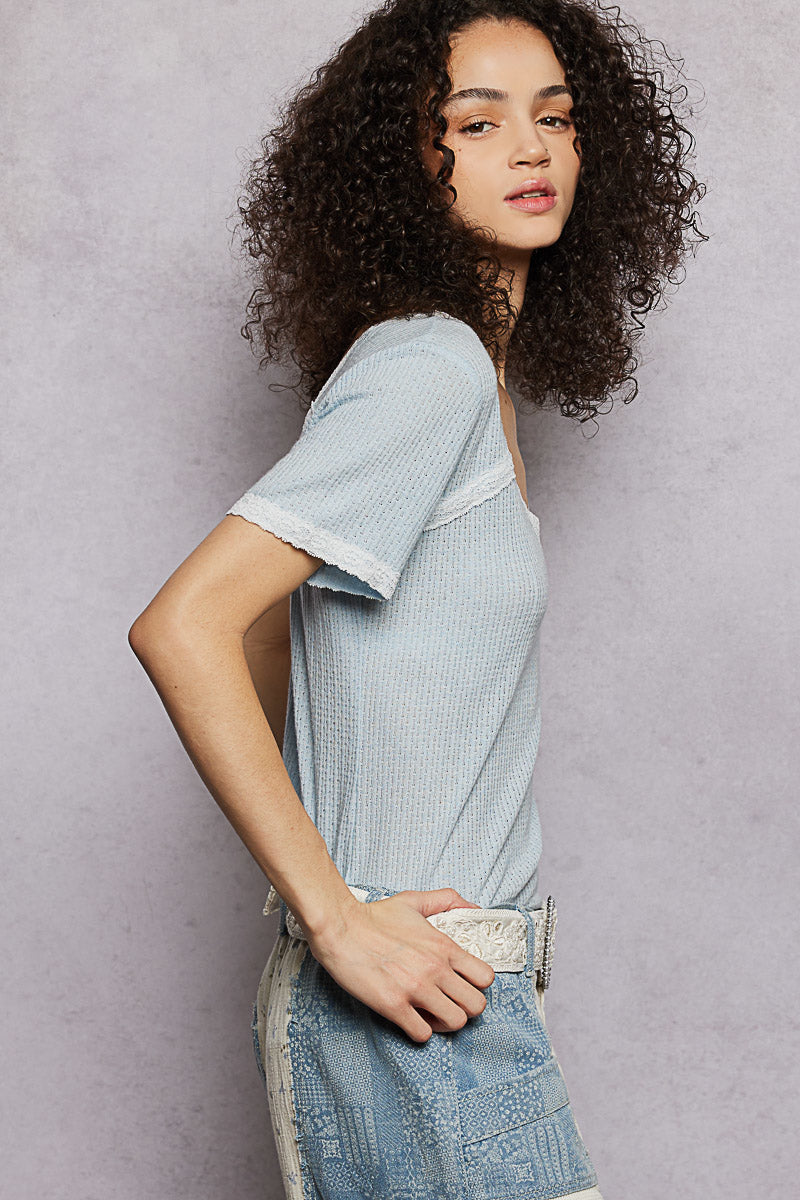 POL Powder Blue Lace Detail V-Neck Short Sleeve Textured T-Shirt