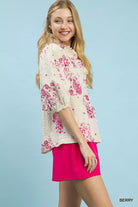Umgee Berry Floral Embroidered Blouse with Ruffle Trim