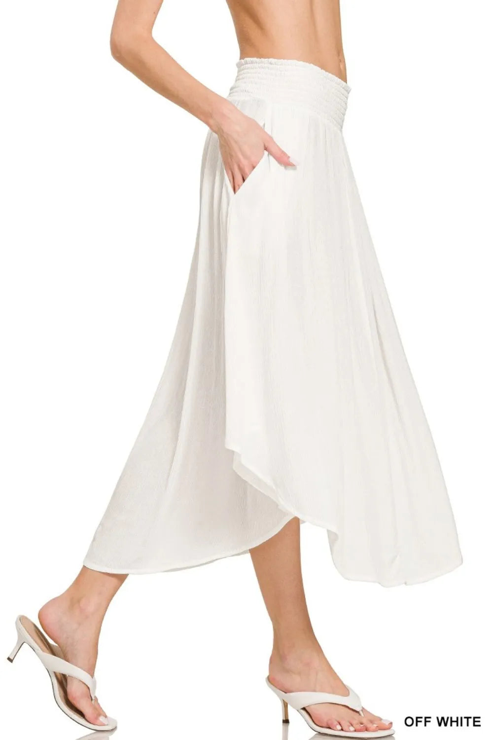 Zenana Light Gray Woven Crinkle Smocked Waist Maxi Skirt W Pockets