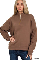 Zenana Brown Fleece Half Zip Sweatshirt