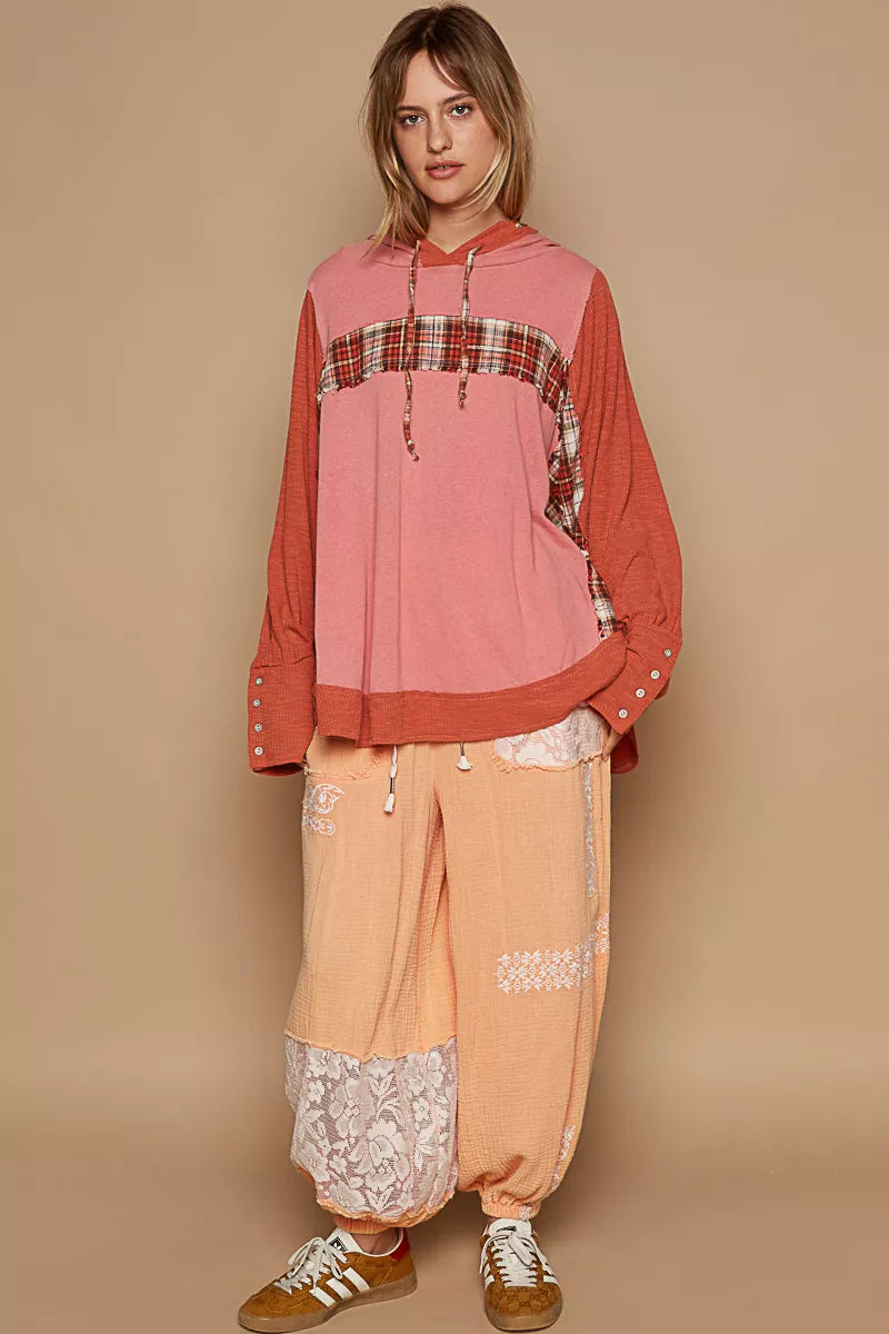 POL Blush Brick Oversized Drawstring Long Sleeve Hoodie with Plaid Detail