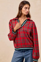 BiBi Christmas Red Plaid Collared Top with Ruffled Detail