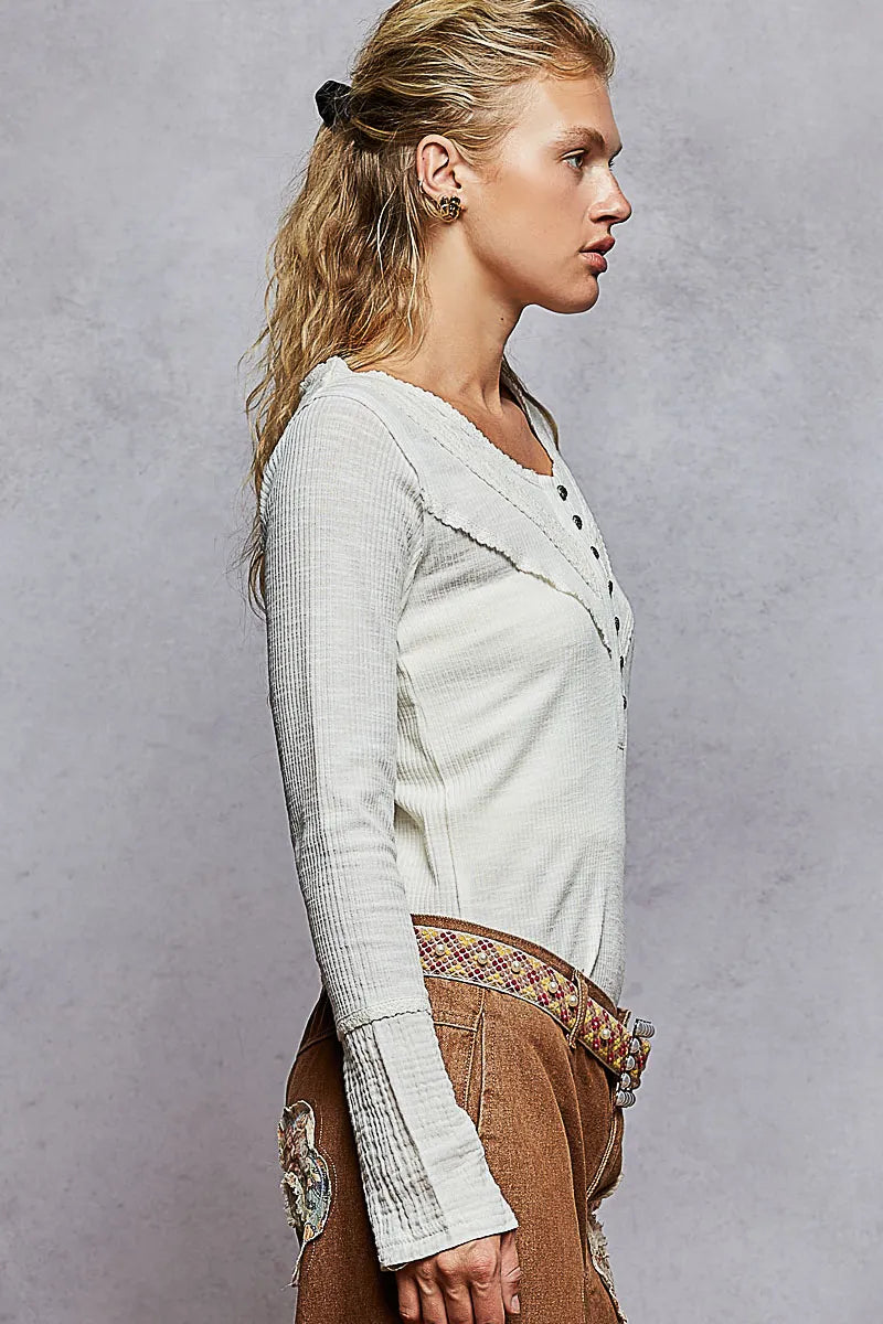 POL Ivory Double Gauze Ribbed Half Button Lace Detail Knit Top