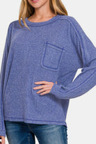 Zenana Blue Contrast Stitching Brushed Ribbed Hacci Knit Top Shirts & Tops