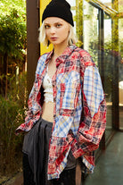 POL Ted Multi Plaid Patchwork Long Sleeve Button Down Shirt with Raw Edge Detail Scarlet