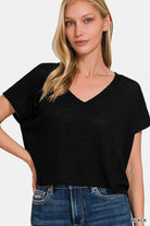 Zenana Black V-Neck Short Sleeve Crop T-Shirt Black Trendsi