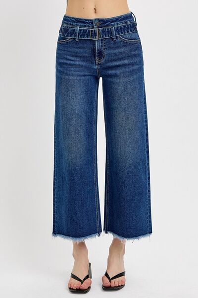 RISEN Raw Hem Wide Leg Attached Buckle Jeans Dark