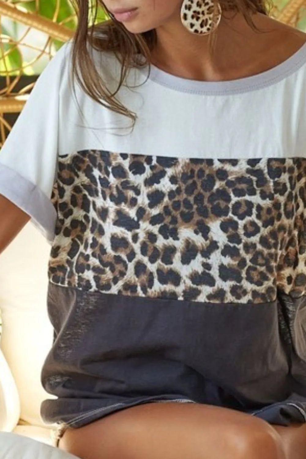 BiBi Ivory Leopard Printed Jersey Color Block Roll Up Top
