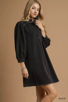 Umgee Black French Terry Balloon Sleeve Shift Dress with Leopard Print Detail