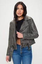 Coalition LA Black Zip Up Biker Vegan Leather Jacket with Belt Trendsi