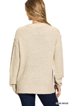 Zenana Sand Beige Exposed Seam Round Neck Sweater