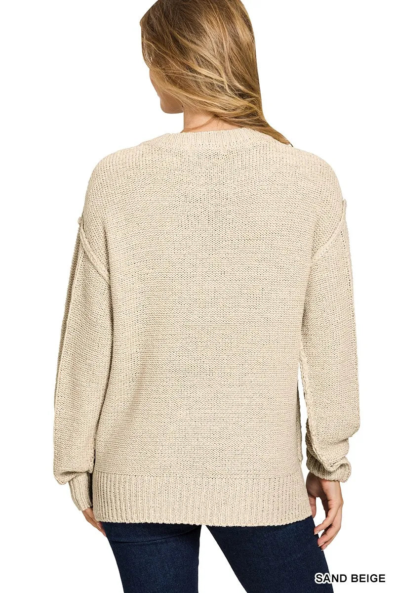 Zenana Sand Beige Exposed Seam Round Neck Sweater
