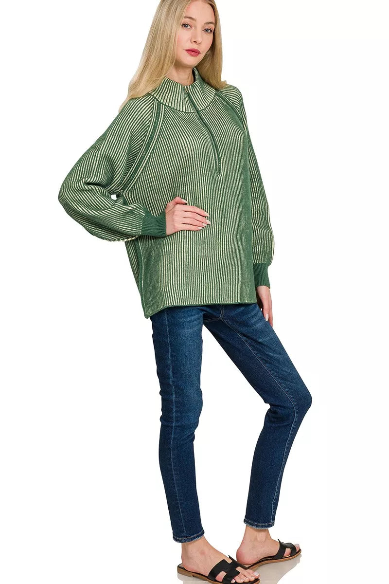 Zenana Ribbed Two Tone Half Zip Sweater in Dark Green