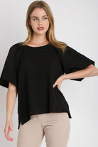 Umgee Black Boxy Cut Jacquard Round Neck Top with Side Slit Black