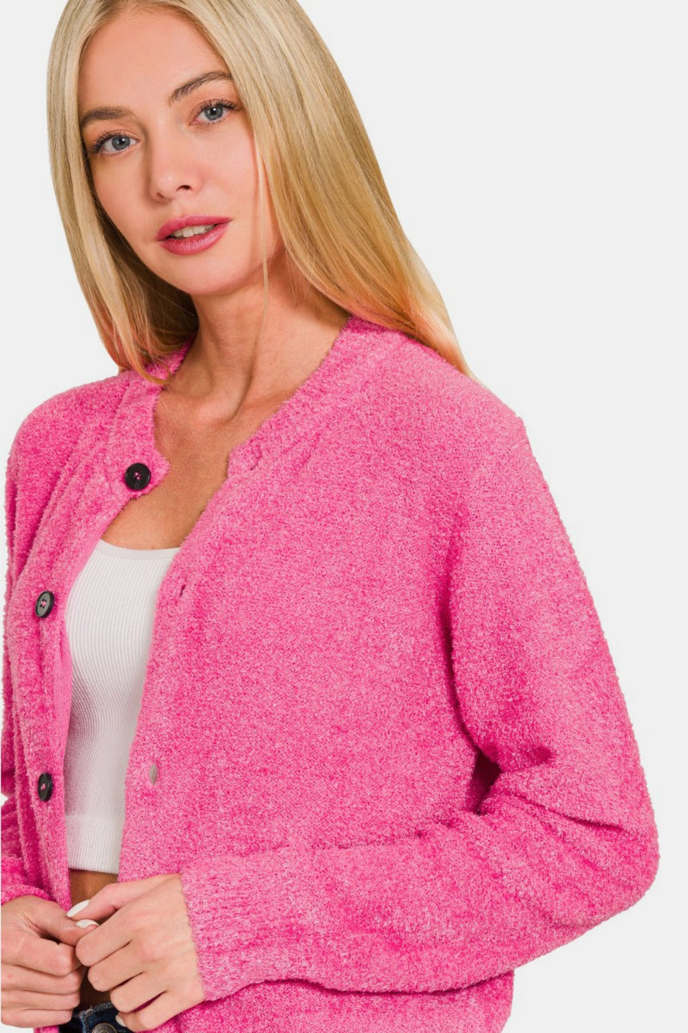 Zenana Fuchsia Button Down Long Sleeve Sweater Cardigan Trendsi