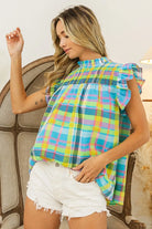 BiBi Blue and Yellow Multi Color Check Plaid Woven Blouse