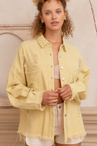 POL Lemonade Button Down Raw Hem Distressed Shacket Lemonade Trendsi