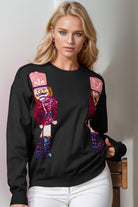 Preorder Double Take Full Size Nutcracker Sequin Long Sleeve Sweater Black Shirts & Tops