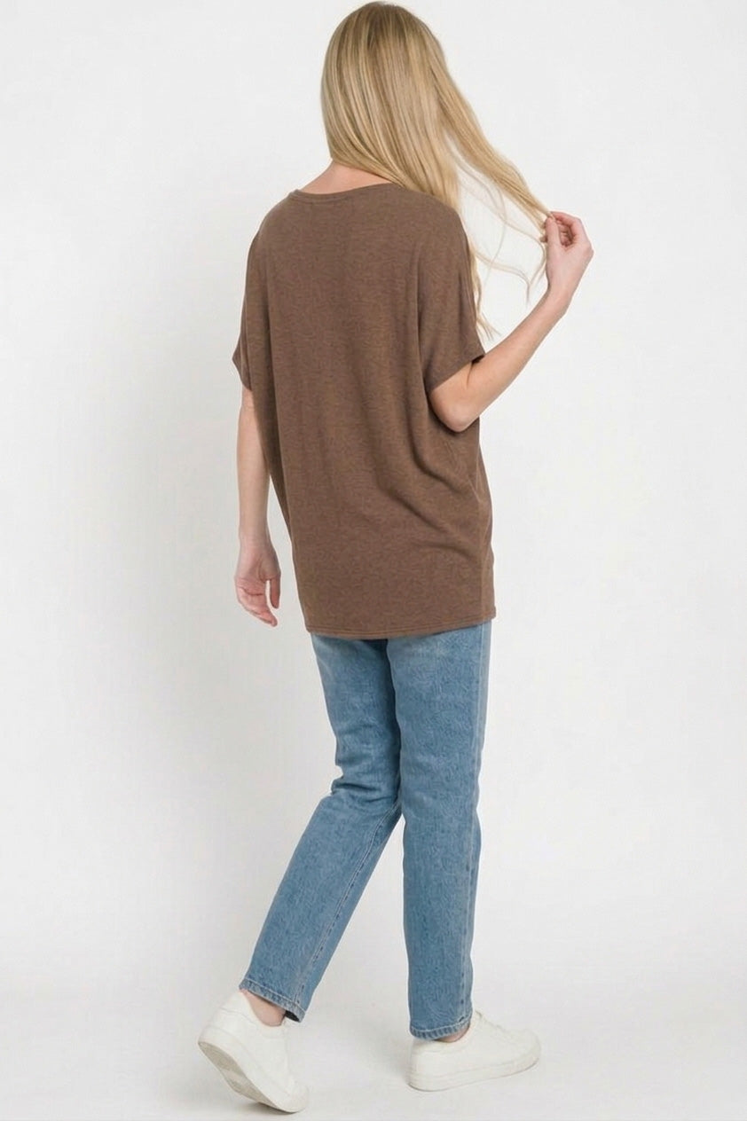 Zenana Brown Hacci Dolman Sleeve Boat Neck Top