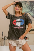 BiBi Laser Cut Mineral Washed Old Glory Lip Print Top in Black Charcoal