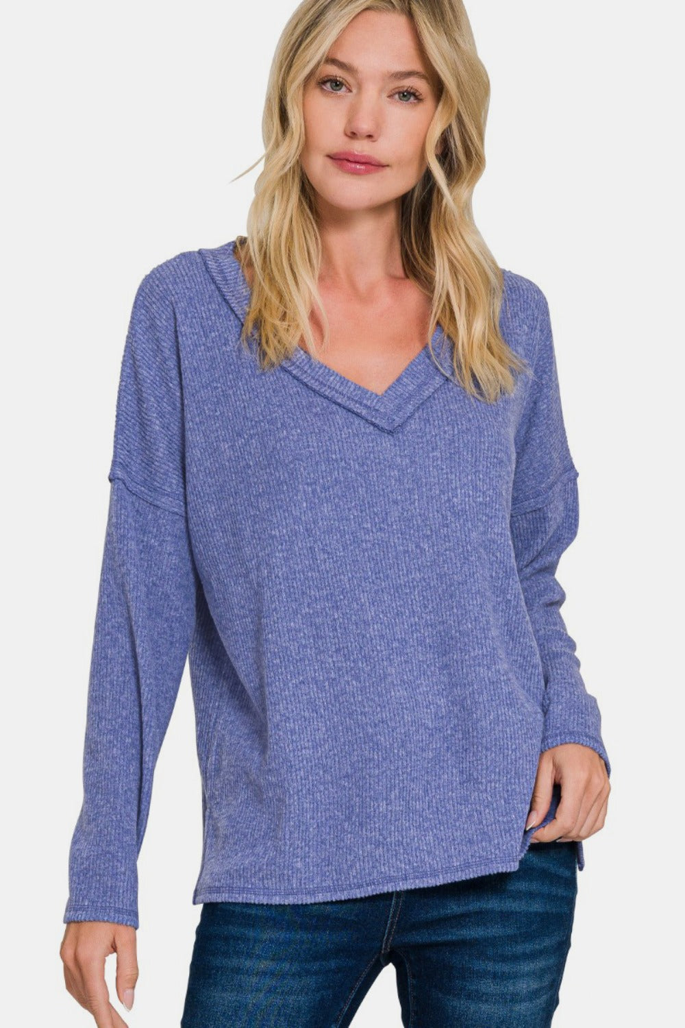 Zenana V Neck Ribbed V-Neck Drop Shoulder Top in Marlin Marlin Shirts & Tops