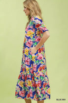 Umgee Blue Mix Floral Print Puff Sleeve Tiered Midi Dress