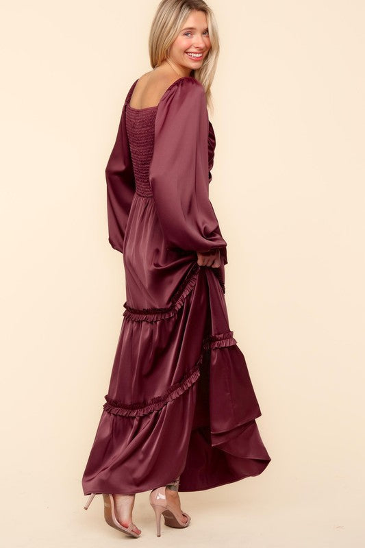 Haptics Wine Satin Front Overlap Smocked Back Maxi Dress Dresses