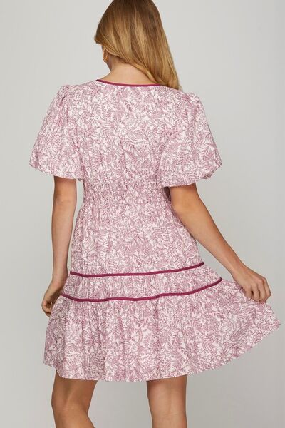 She + Sky Berry Printed V-Neck Puff Sleeve Tiered Dress
