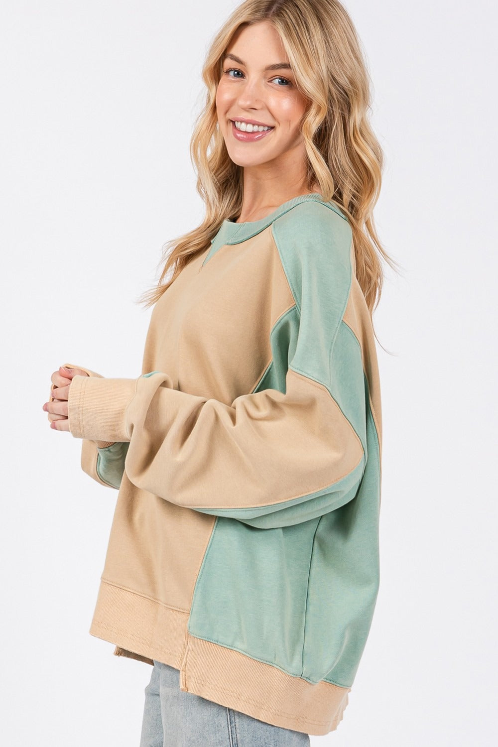 SAGE + FIG Cookie & Green Color Block Round Neck Sweatshirt Trendsi