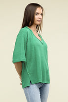 Zenana Brushed Waffle Exposed-Seam 3/4 Sleeve Top Shirts & Tops