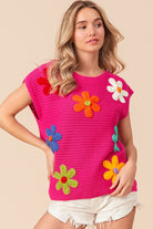 BiBi Fuchsia Flower Round Neck Cap Sleeve Knit Top Trendsi