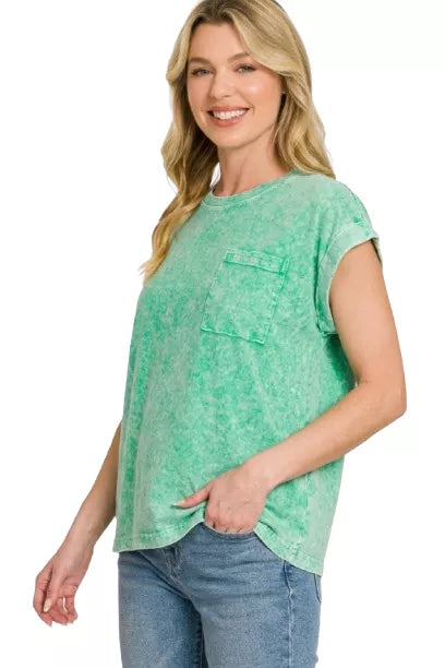 Zenana Kelly Green Halo Snow Washed Cuffed Short Sleeve Tee
