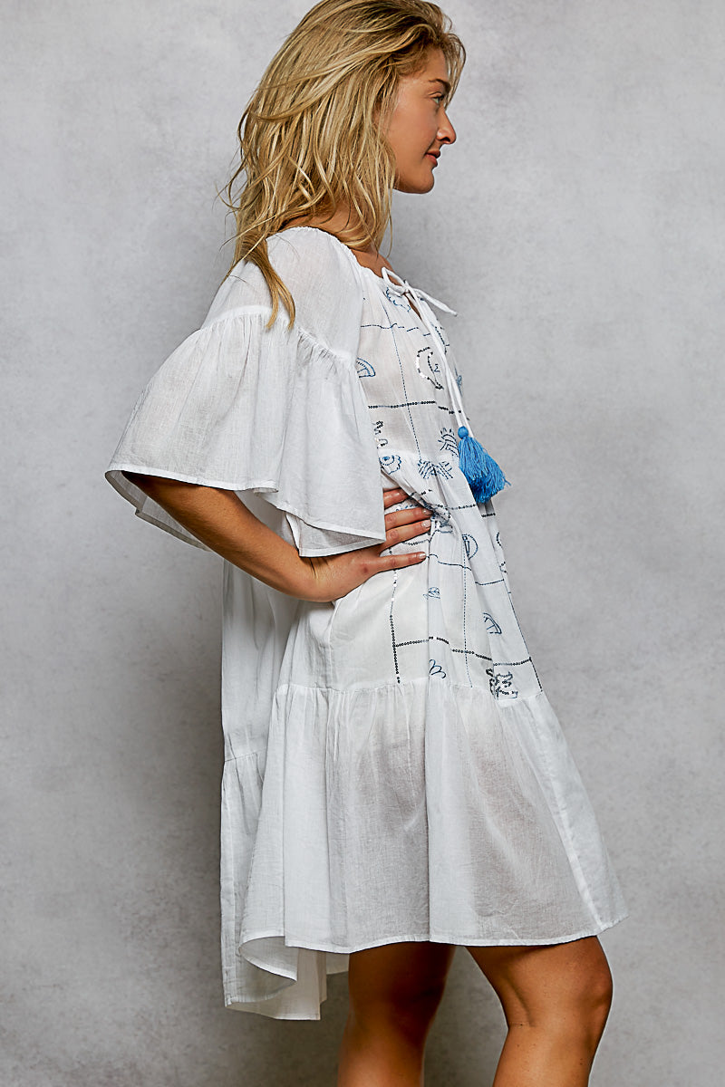 POL Ivory Tied Tassel Embroidery Half Flared Sleeve Mini Dress
