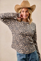 BiBi Leopard Print Washed Waffle Thermal Top with Thumbholes