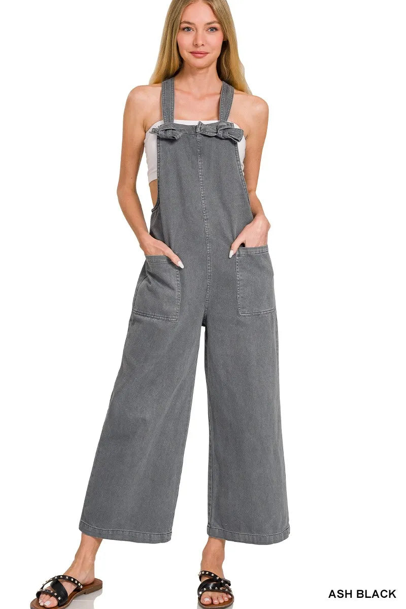 Zenana Ash Black Washed Knot Strap Pockets Jumpsuit