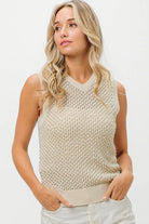 BiBi Oatmeal Knitted Beaded Pearl V Neck Sleveless Sweater Top OATMEAL