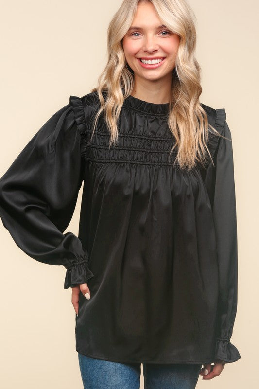 Haptics Be Your Best Black Satin Shirred Yoke Frilled Mock Neck Top Haptics