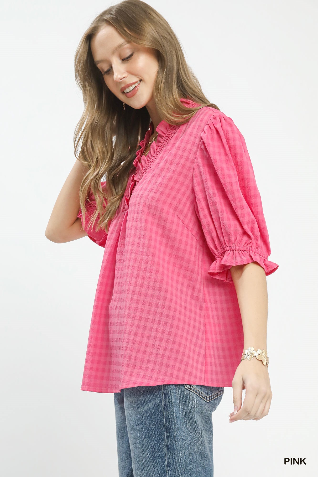 Umgee Pink Textured Check Ruffle V-Neck Blouse