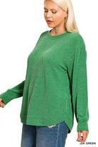 Zenana Dark Green Raised Rib Round Neck Long Sleeve Top