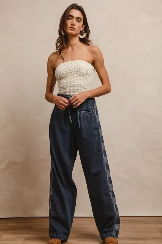 BiBi Washed Denim Mix And Match Checkered Denim Pants