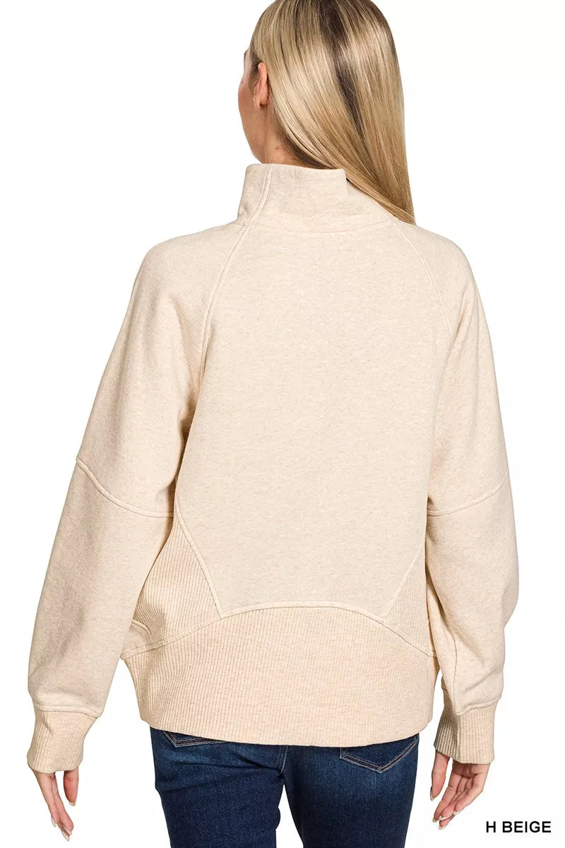 Zenana Heather Beige Half Zip Fleece Sweatshirt with kangaroo Pocket