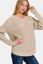 Zenana Heather Beige High Low Long Sleeve Waffle Knit Sweater H Beige Trendsi