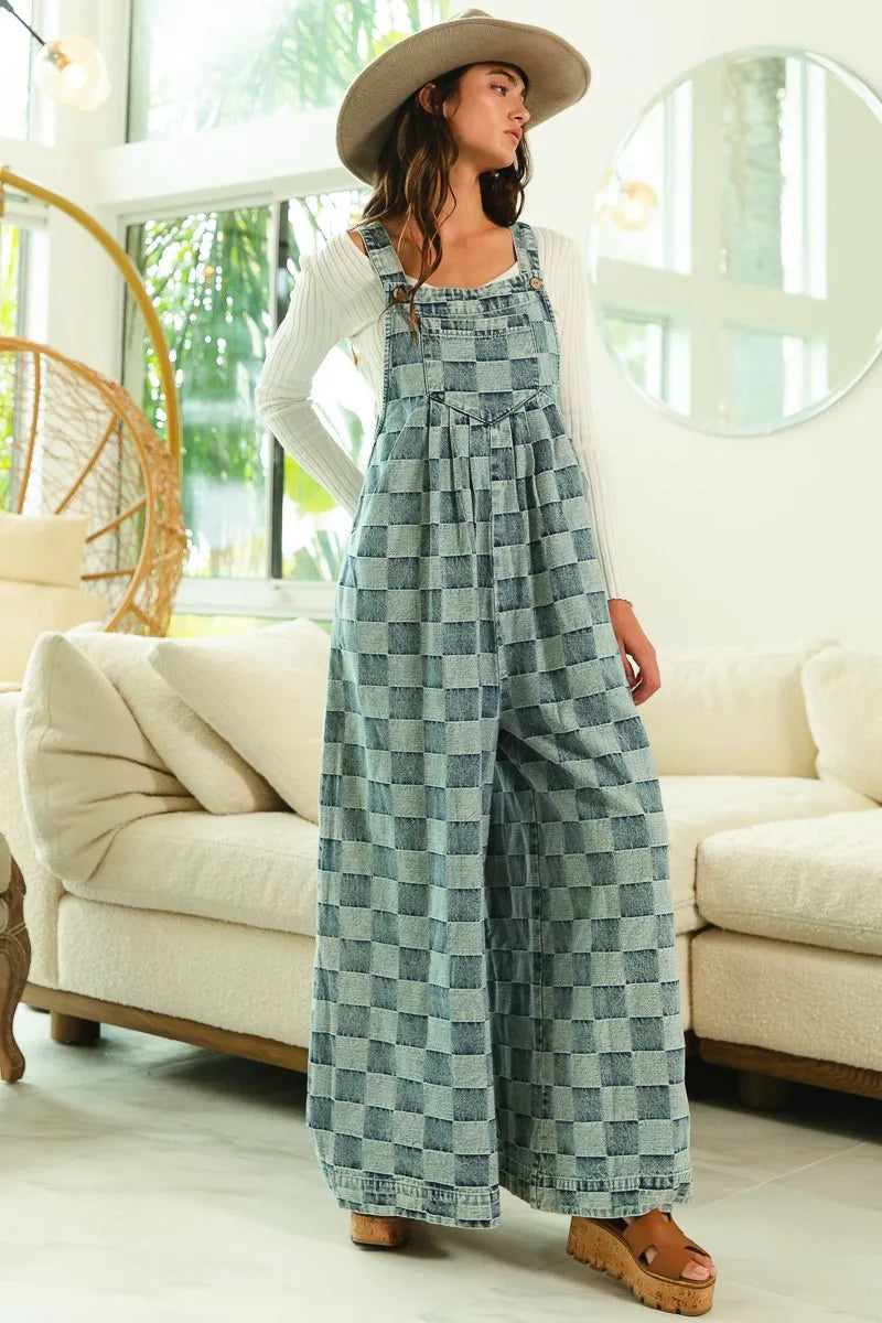 BiBi Denim Washed Vintage Checker Wide Legs Overalls