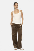 Mono B Olive Brown Elastic Waist Corduroy Cargo Pants Activewear