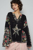 POL Black Floral Stud Detail Star Patch Notched Long Sleeve Top Black