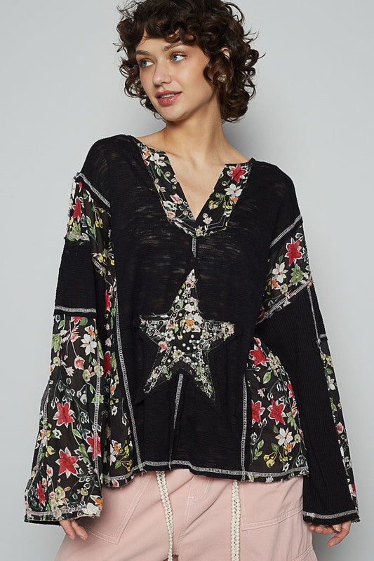 POL Black Floral Stud Detail Star Patch Notched Long Sleeve Top Black