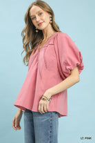Umgee Light Punk Lace Inset Puff Sleeve Boho Blouse