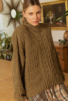 POL Olive Mock Neck Cable Knit Ballon Sleeve Sweater Trendsi